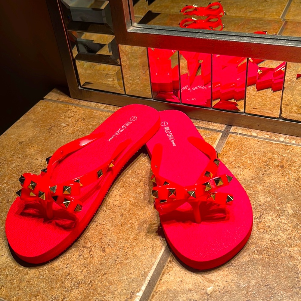 NWOT Red Stud Flip Flops